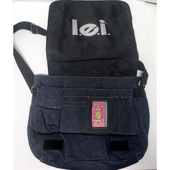 VTG LEI Denim Handbag Y2K Retro Tote Messenger Bag Flap Fold Over w/ ID Card! - Picture 3 of 15